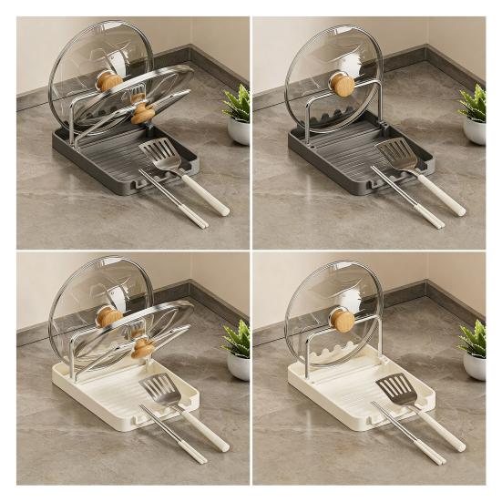 Pot Lid Storage Rack Kitchen Pot Lid Stand with Drain Tray Spoon