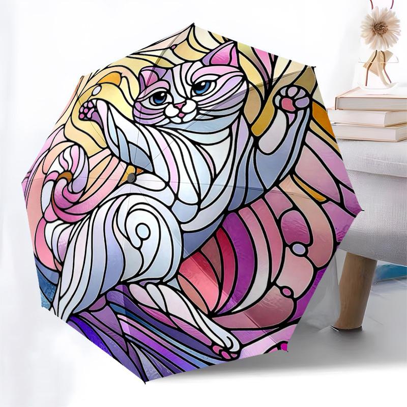 

1pc Stained Glass Cat Design Automatic Opening Folding Umbrella with 8-Rib Iron Frame, Suitable for Fans, Travel, Daily Use, Outdoor, Festive Gift.SS0