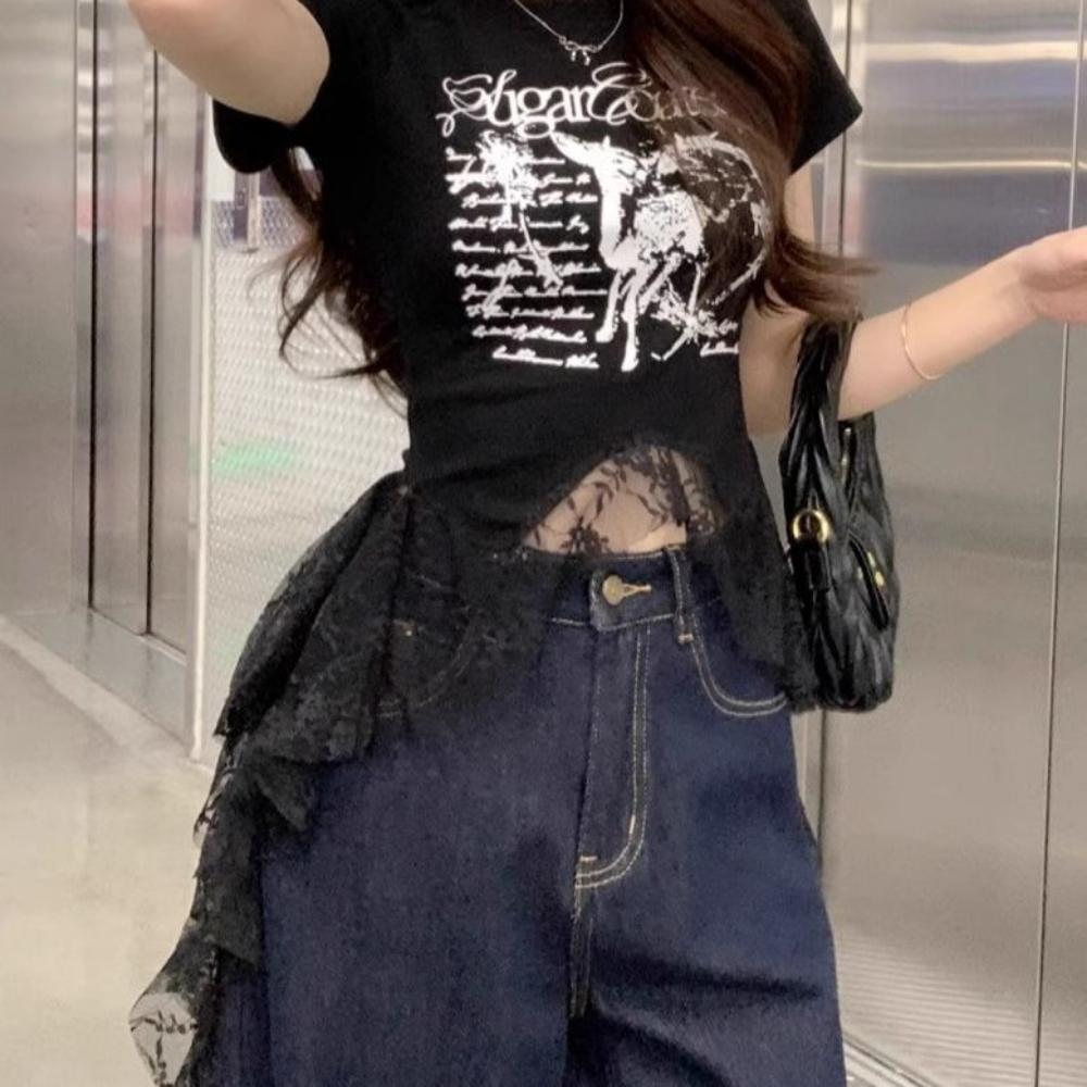 T-skjorte med fransk blonde og korte ermer for kvinner Ny sommer Slim fit Topp med bokstavtrykk