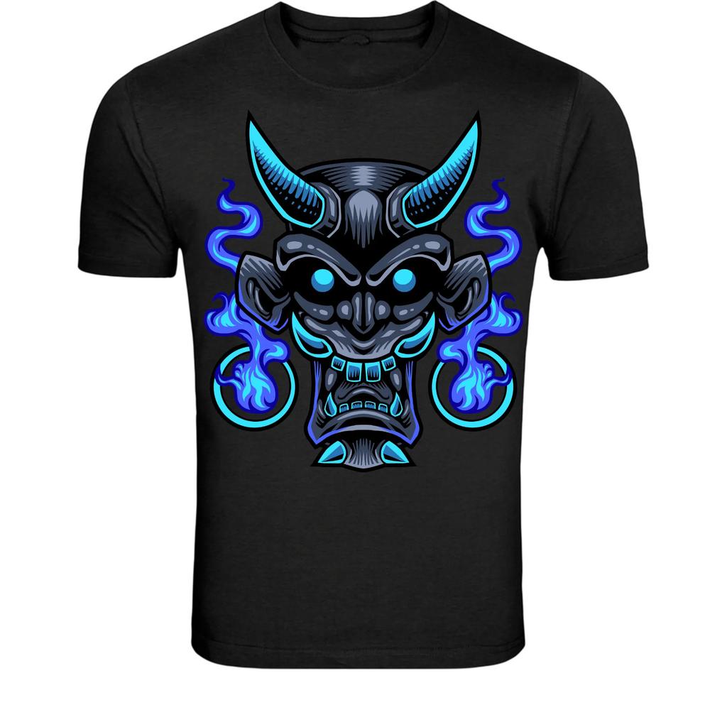 Dämon Oni Maske T-Shirt - Japanische Mythologie Blaue Flammen Grafik