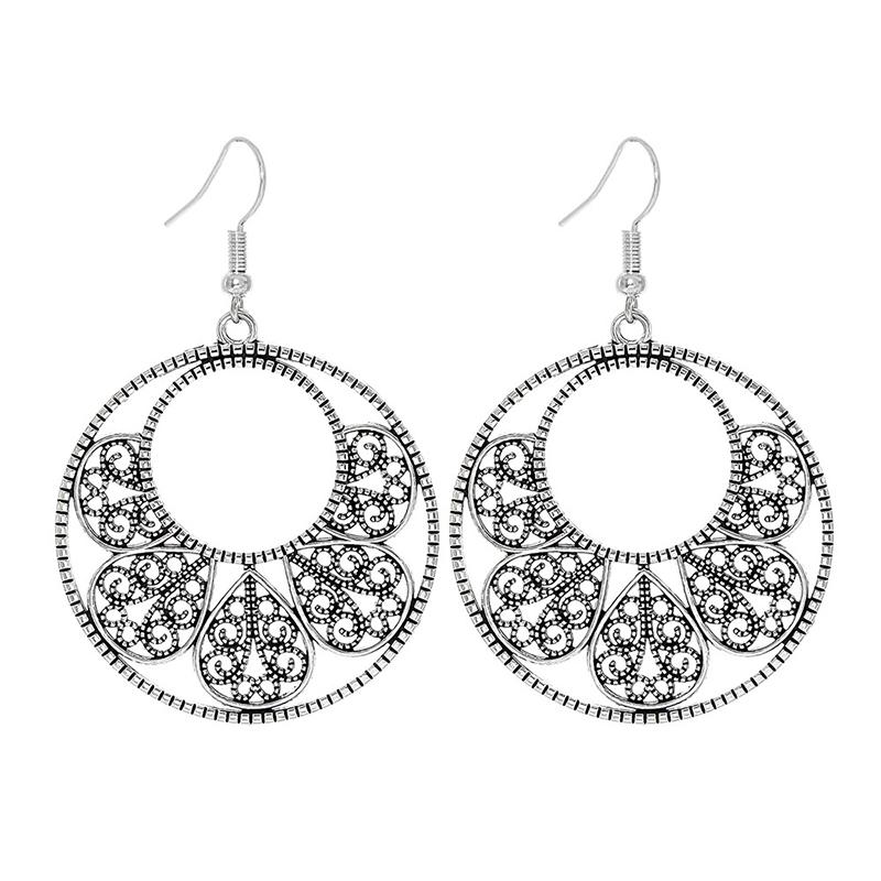 Fashion Vintage Tibetan Silver Carving Round Geometric Flower Drop Earrings Woman Retro Ethnic Boho Long Dangle Female Earrings