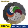 100 Stück 3 Zoll 75 mm Wasserdichte Schleifscheiben Klettverschluss Siliziumkarbid Schleifpapier Nass/Trocken 60 -10000 Körnung Zum Polieren Schleifen