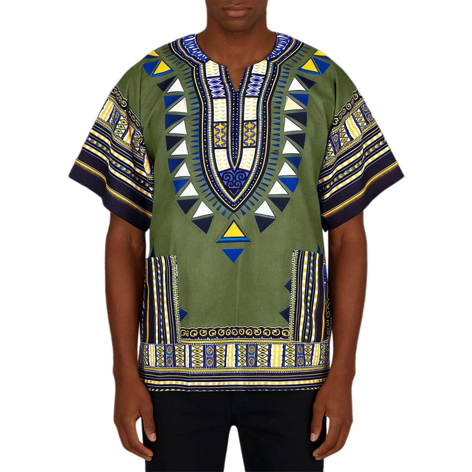 Hibaby1 Traditioneel losvallend Dashiki overhemd voor heren met geometrische tribale print Korte mouw Pullover Etnische top voor dagelijks gebruik S