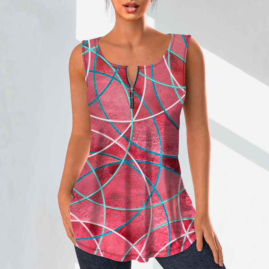 Damenmode V-Ausschnitt Shirts Casual Tops T-Shirt Damen 3D Golden Line Print Weste Übergröße Ärmellose Bluse Tanktops