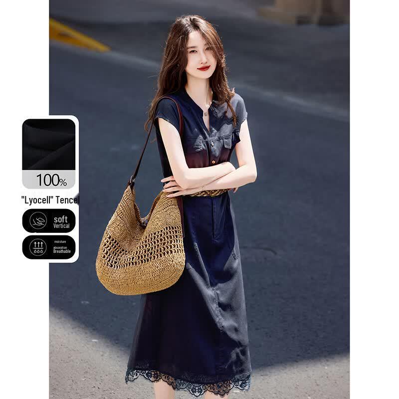 Lyocell Lace-Panel V-Neck Maxi Dress XL