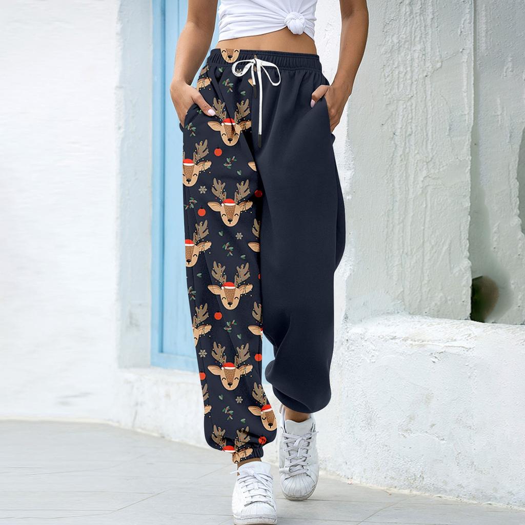Women's Christmas  Print Casual Pants Drawstring Elastic Waist Drawstring Pants WIth Pockets