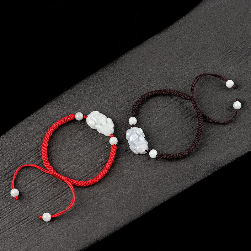 Natural Jadeite Pixiu Bracelet, Hand Braided Rope Wristband, Unisex Carved Jade Woven Bracelet for Daily Wear & Gift