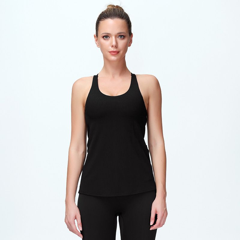 

Fashion Outwear Yoga Vest Fitness Fake Two-Piece Yoga Underwear with Chest Pad Sports T-shirt Open Back Sexy and Breathable Black L