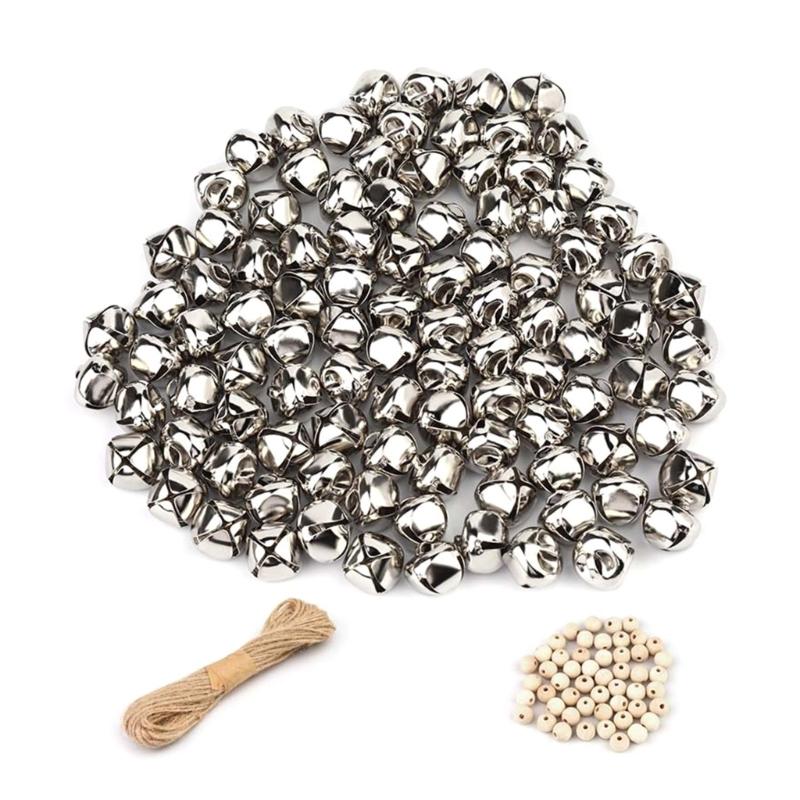 

150Pcs Craft Bells 1Inch Craft Bells for Christmas Home Decoration, Silver Craft Bells Wood Beads Set with 32.8ft Rope 1