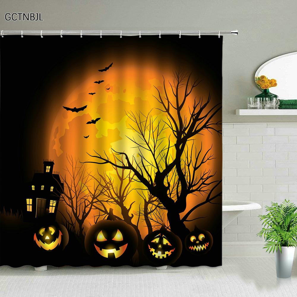 Halloween pumpkin Lantern Shower Curtain Bathroom The Terrible  Forest Wood Ghost House Tombstone Fabric Bathroom Curtain Set
