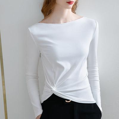 Long-sleeved T-shirt for Women In Spring and Autumn New Women's Clothing Irregular Hem Pleats Chic One-shoulder Solid Color Top