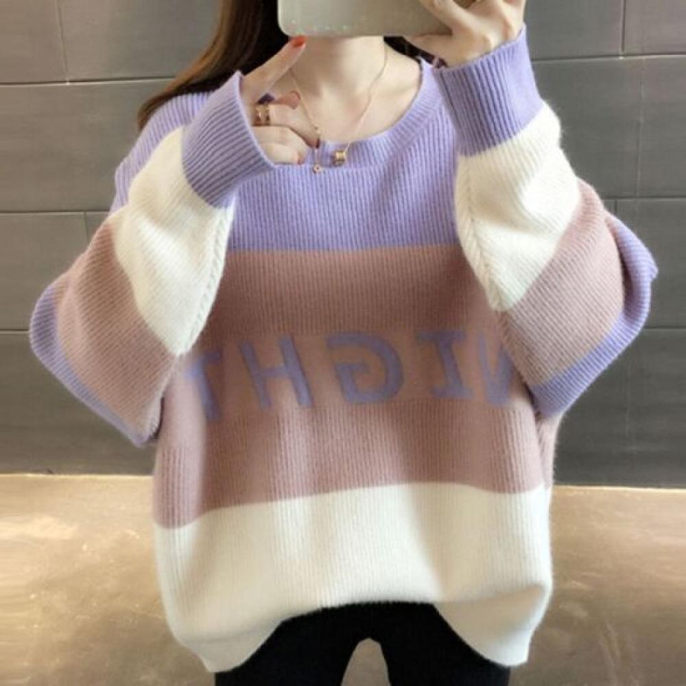 Navava Loose Fit Lettering Color Block Round Neck Long Sleeve Knit Sweater Nk350