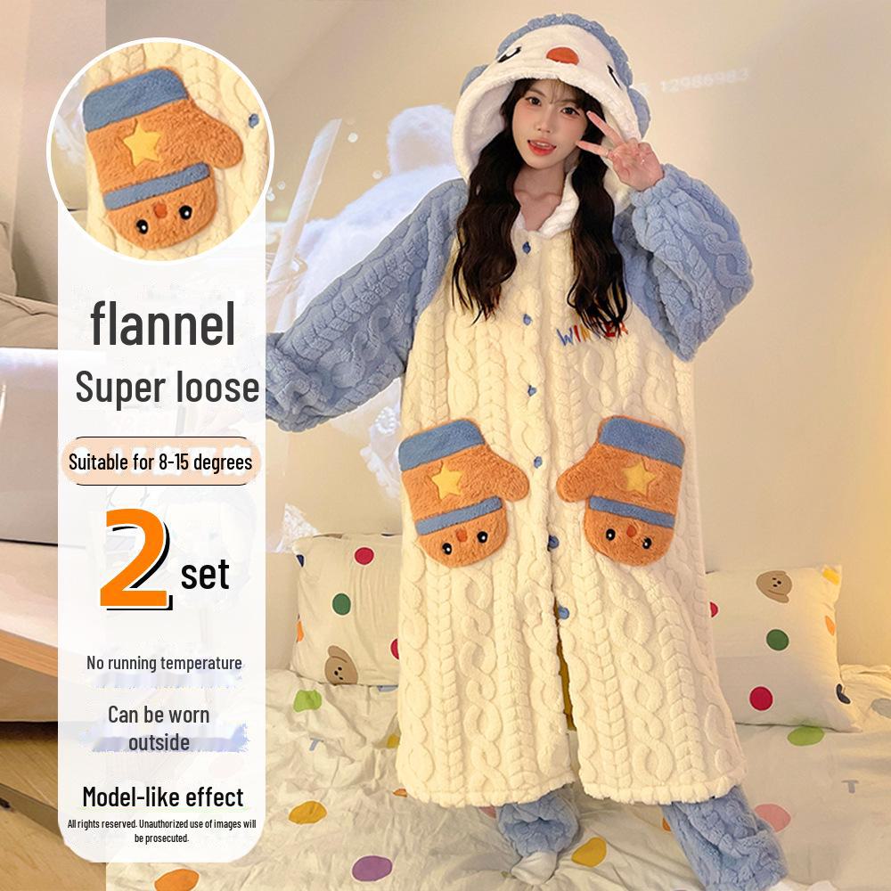 Women's Winter Plus Velvet Coral Fleece Nightgown - Cute Thick Flannel Home Wear