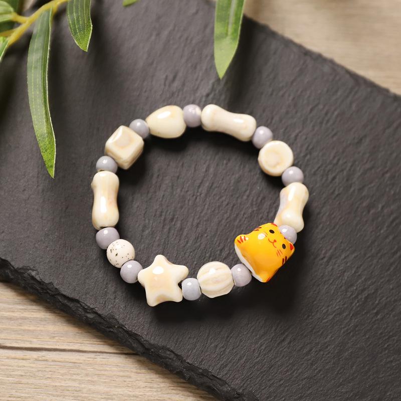 Creative Ceramic Cat Bear Beaded Bracelet Dopamine Color Small Fresh Color Retro Literary Bracelet Women