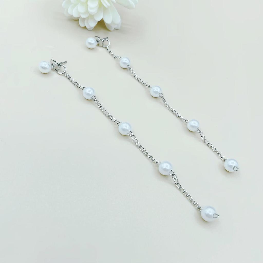 Korean 925 Sterling Silver Fashion Temperament Long Pearl Earrings for Women with Fuller Faces