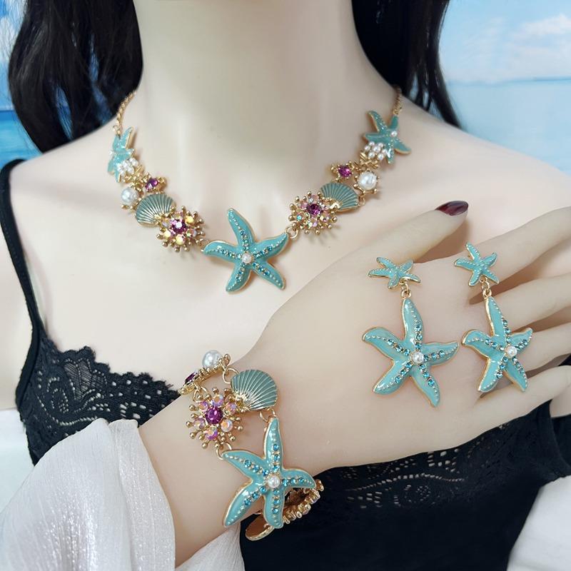 Island style beach starfish vacation four-piece set chain alloy diamond-encrusted bohemian shell jewelry