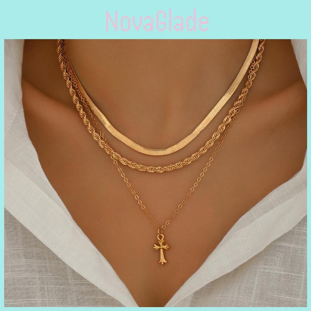 Cross Pendant Necklace Metal Jewelry For Women With Geometric Design And Multilayer Style
