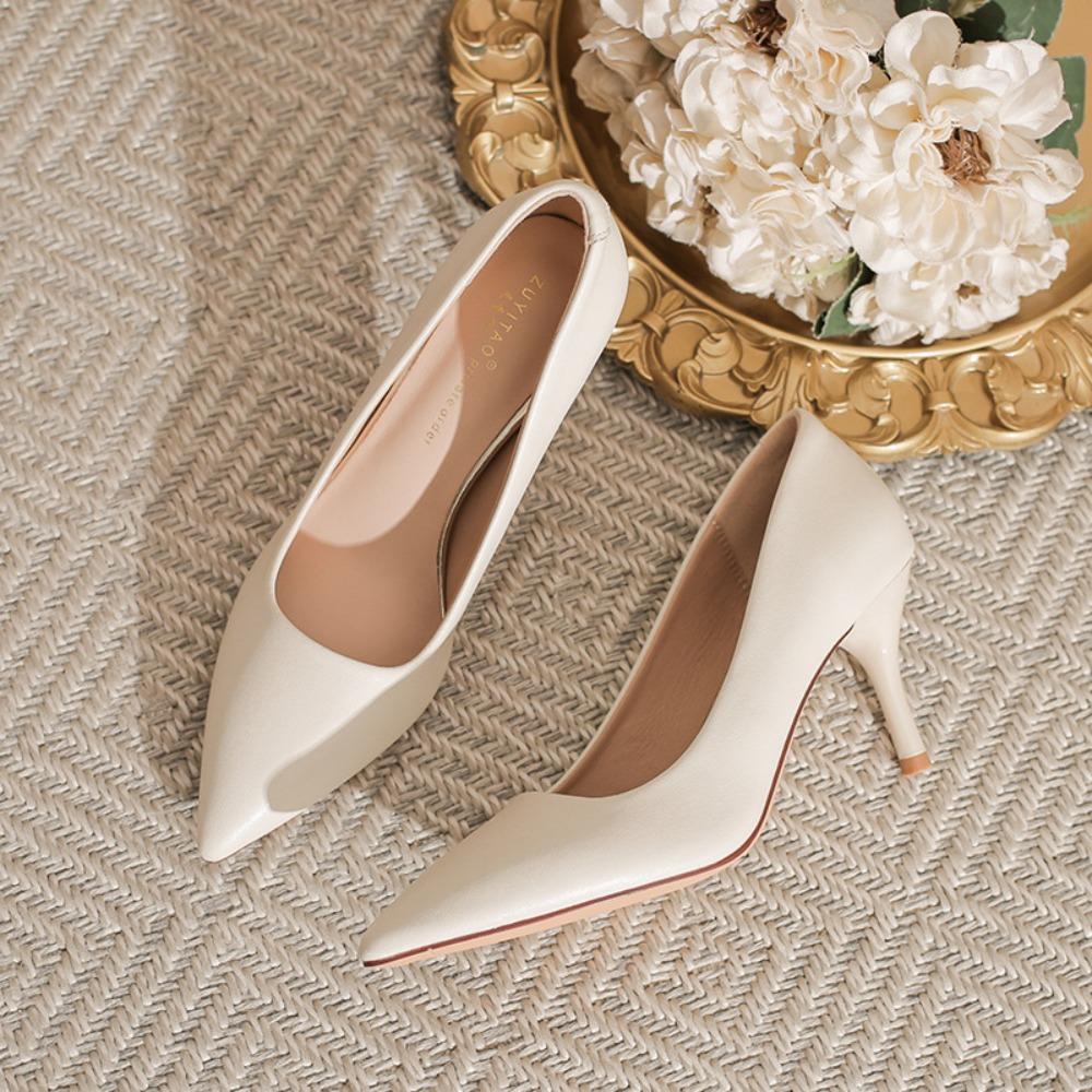2026 Neue Damen-High Heels aus weichem Leder - Dünner Absatz Spitz zulaufende Spitze Off-White Professionelle Arbeitsschuhe, Ermüdungsfreie Füße, XCY41-Y5-8