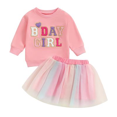 Toddler Girls 2Pcs Birthday Outfits Long Sleeve Letter Embroidery Tops + Tutu Skirt Set Baby Clothes