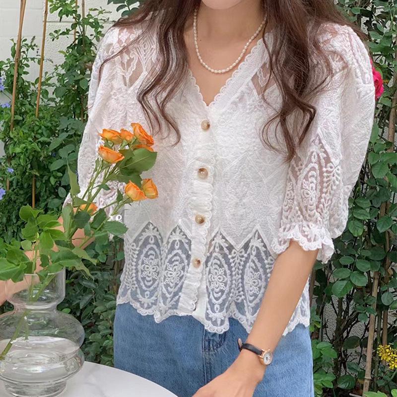 Women's French V-Neck Crochet Knit Cardigan - Chic Summer Fashion, Slimming Loose Fit, Versatile Top