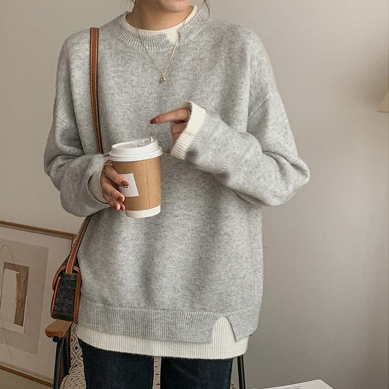 Women Casual Warm O-Neck Soft Knitted Sweater Autumn Winter Long Sleeved Loose Pullovers Fake Two Pieces