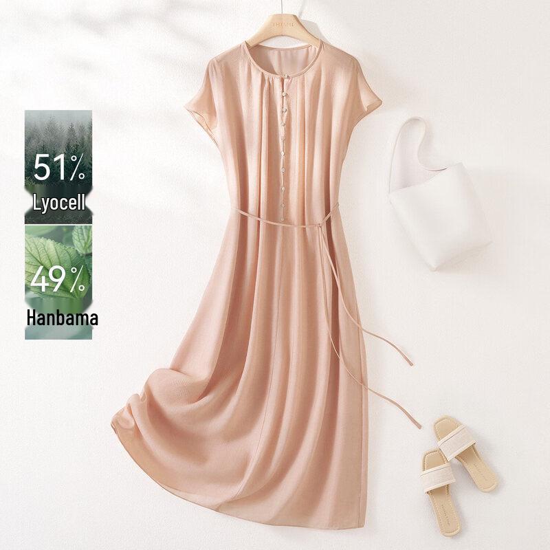 IHIMI Women s Summer Linen Blend Herringbone Tie-Waist Midi Dress L
