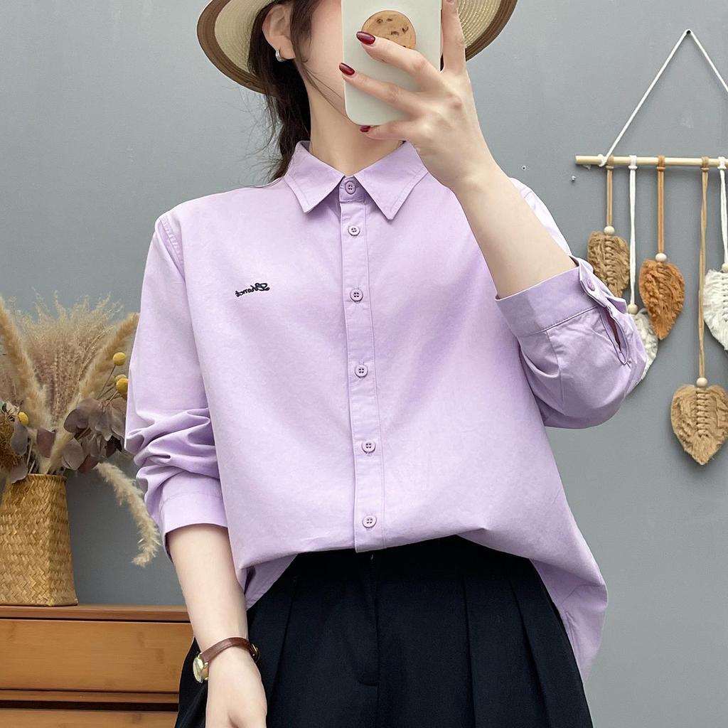 Women's Long Sleeve Embroidered Cotton Shirt - Candy Color, High Quality, Versatile Loose Fit Casual Top
