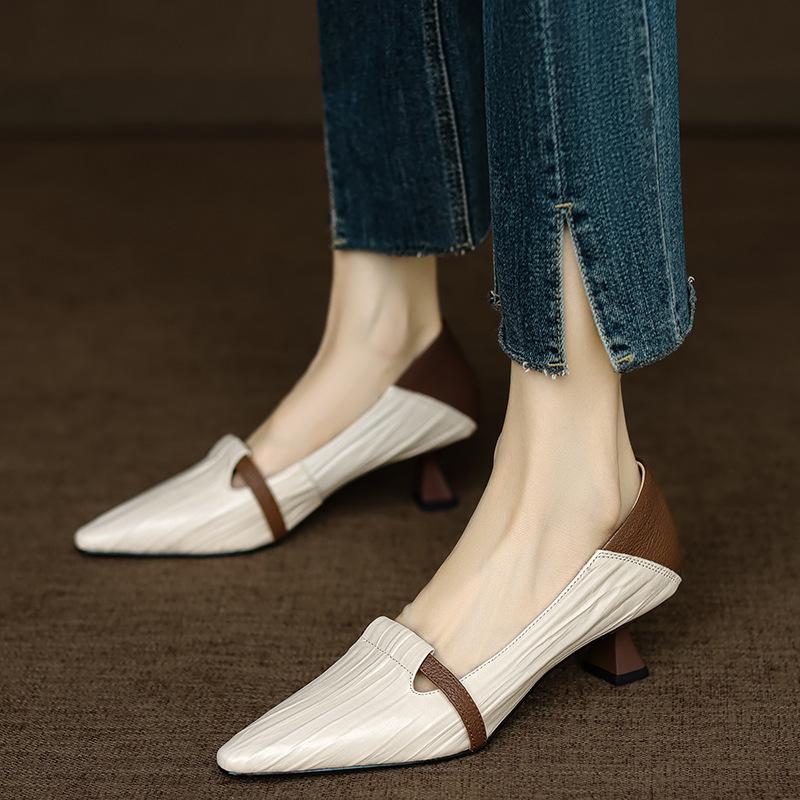 Paris encounter~ temperament pointed head color matching one-pedal single shoes women's light mouth retro cat heel high heels