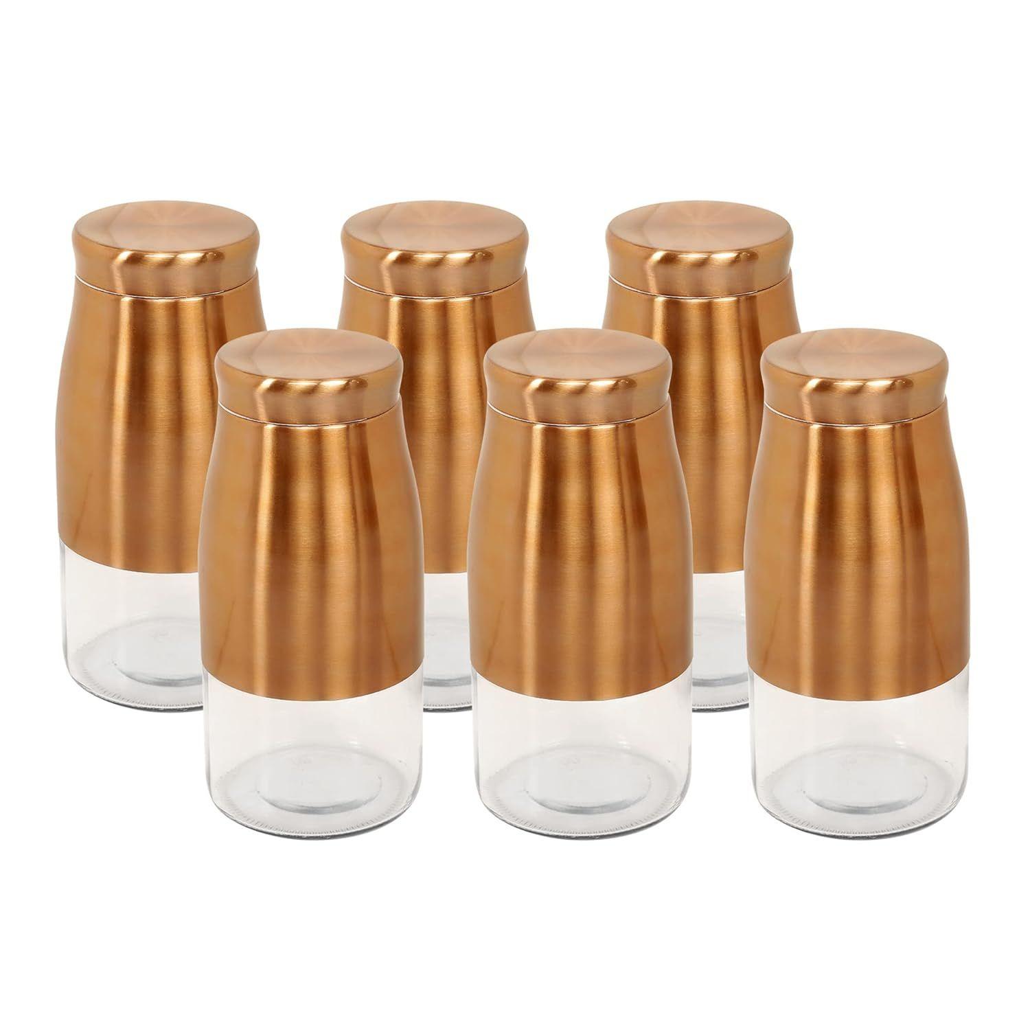 

Rose Gold Finish - Bell Bottom Glass Jars for Sugar,Cereal, Spices, Pulses and other Kitchen Storage 2250ml, Set of 6