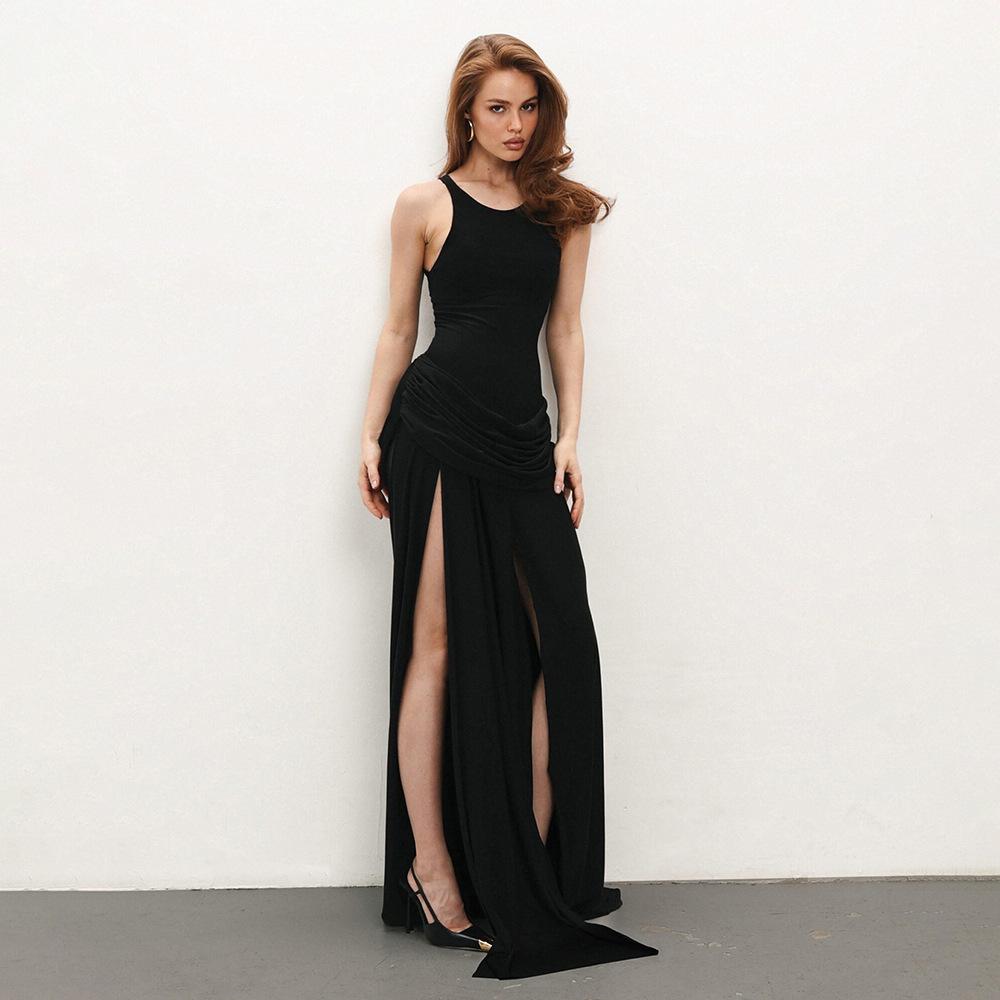 European and American summer elegant split pleated dress sexy sleeveless solid color floor mopping dress