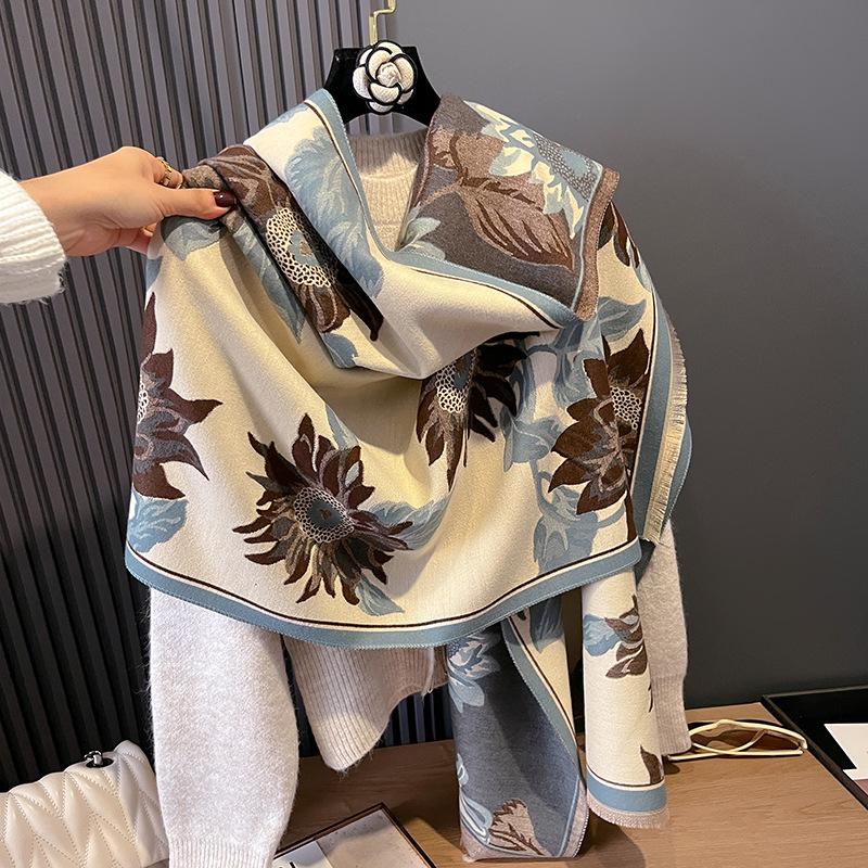 Women'S Sunflower Jacquard Scarf Autumn And Winter Warm Shawl Air Conditioning Blanket Premium Scarf Travel Multi-Purpose