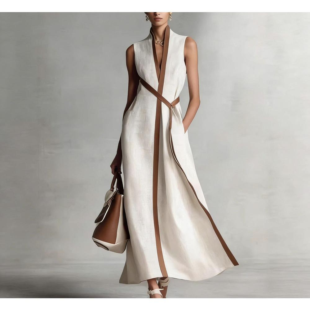 European and American summer stand-up collar sleeveless casual contrasting color loose dress