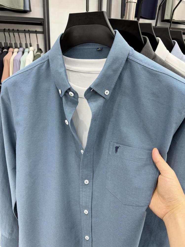 Men's High-End Embroidered Long-Sleeve Solid Color Shirt with Pockets for Spring and Autumn - Business Casual and Versatile