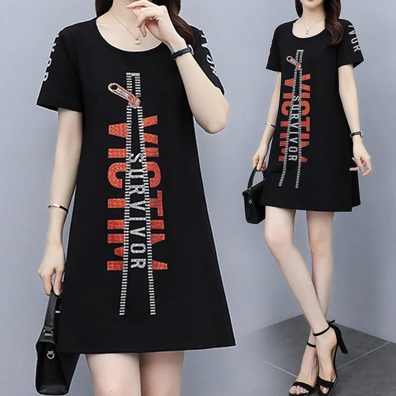 Casual Fashion Printed Midi Dress Summer Short Sleeve All-match Women's Clothing Round Neck Korean Loose A-Line Waist Dresses
