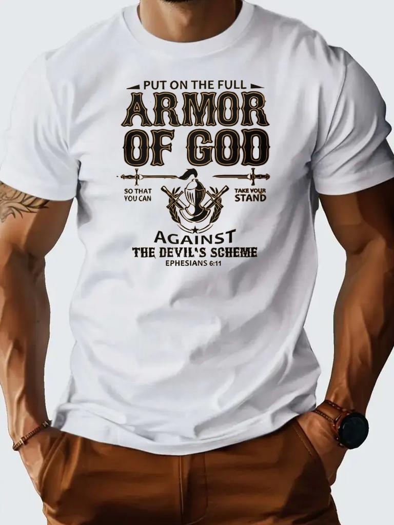T Shirt for Man 100 Cotton Summer Armor of God Christian Graphic Tee Print Casual Slim Fit Round Neck Short Sleeved Tshirt Top