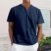Men's Casual V-Neck Short-Sleeve Shirt - Cotton Solid Color, Breathable Button-Up Top