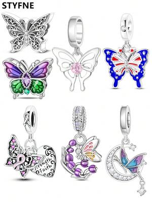 Charms Plata Copper Colors Spring Butterflies Beads Charm Pendant For Original Bracelet For Women Diy Jewelry Love Gift