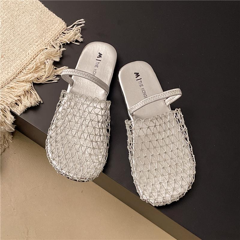 Fashion 2025 Summer New Women's Slippers Sandals Party Shoes for Women Fashion Strange Style Square Toe Shallow Band Weaving Slip-On