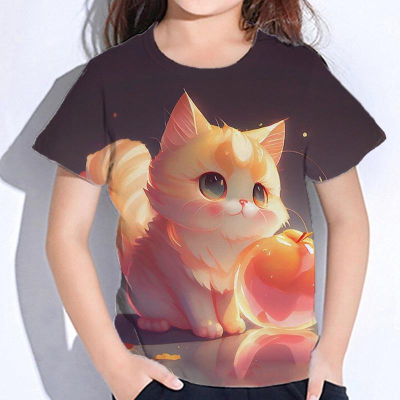 

Одежда для девочек Милая футболка с принтом кота Футболка с коротким рукавом для девочек Летняя детская одежда Футболка с круглым вырезом Футболки Модная детская футболка 160