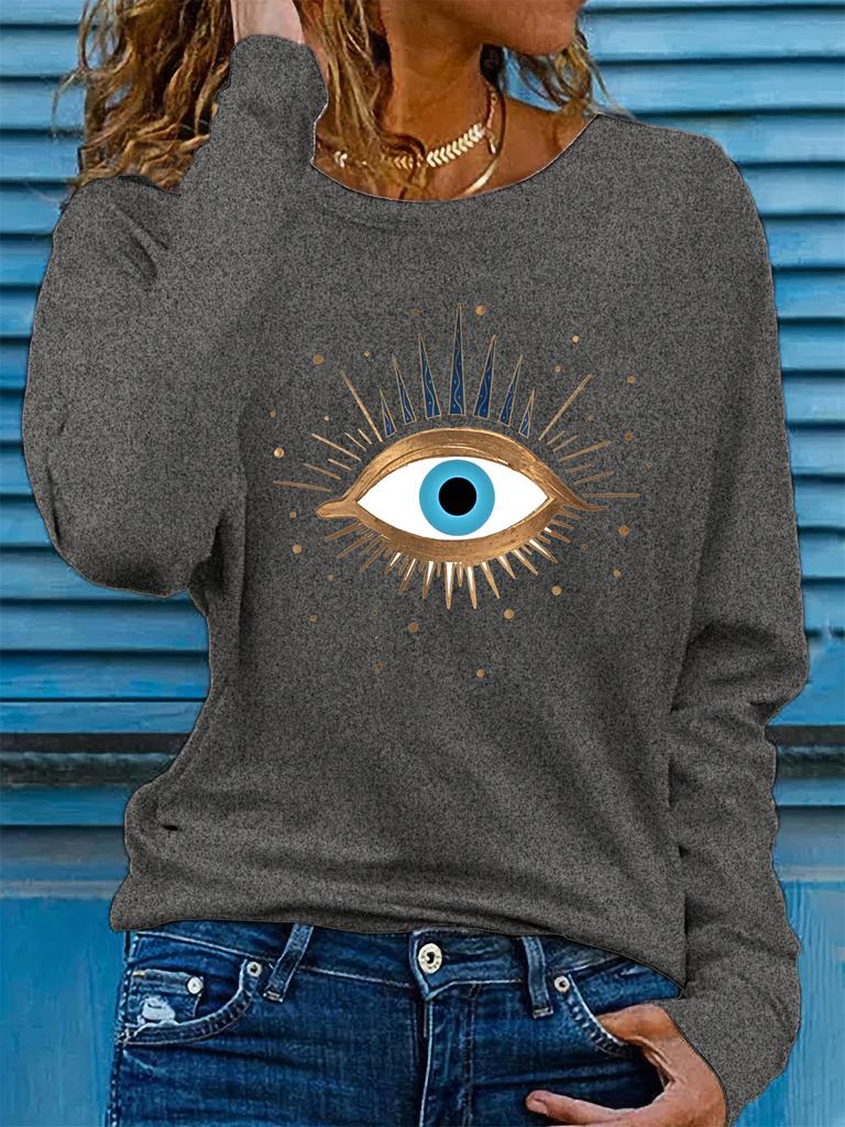 100% reines Polyester Damen Frühling und Herbst lockeres bequemes Augenmuster bedrucktes Langarm Rundhals T-Shirt