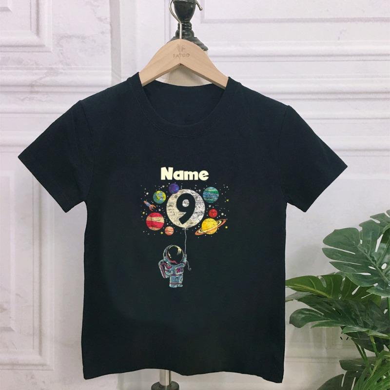 

Custom Name 1-9th Birthday Rocket Astronaut Themed T-Shirts with Moon Balloon and Planets for Boys & Girls Space Birthday Party 150