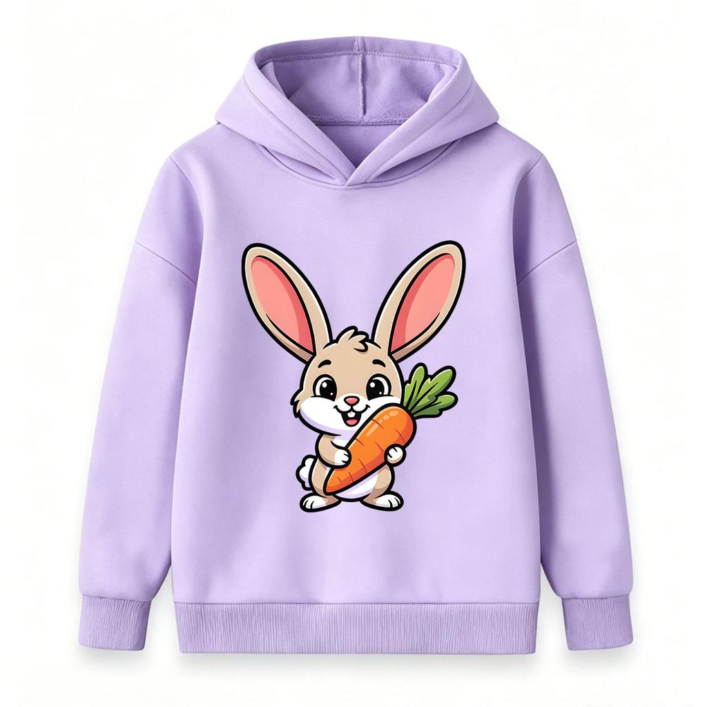 Cute Cartoon Bunny With Carrot Print Kids Hoodie, Casual Long Sleeve Pullover Sweatshirt For Boys Girls, Soft Warm Lightweight Daily Wear