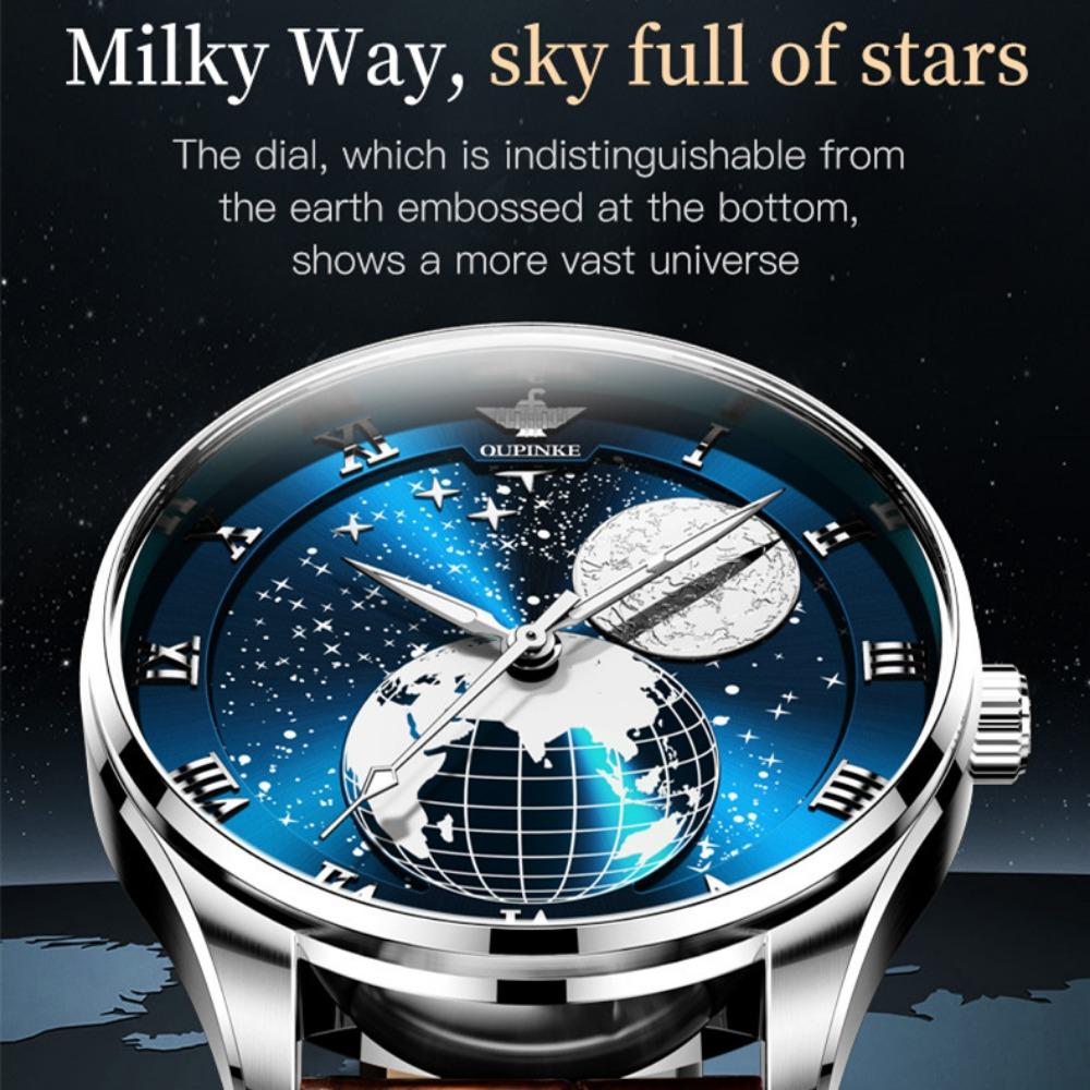 OUPINKE Men's Watch Starry Sky Fully Automatic Mechanical Watch Waterproof Leather Strap High-end Watch