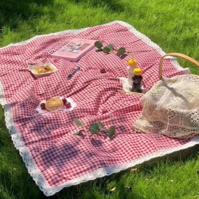 1Pcs 100×150Cm Linen Lace Red Checkered Picnic Mat Outdoor Camping Atmosphere Grass Land Blanket Tablecloth Outing Car Trunk Mat