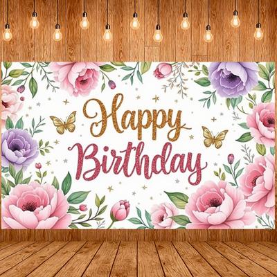 Flower Birthday Background Glitter Text Banner Butterfly Birthday Banner Gold Stars Peony Birthday Backdrop For Happy