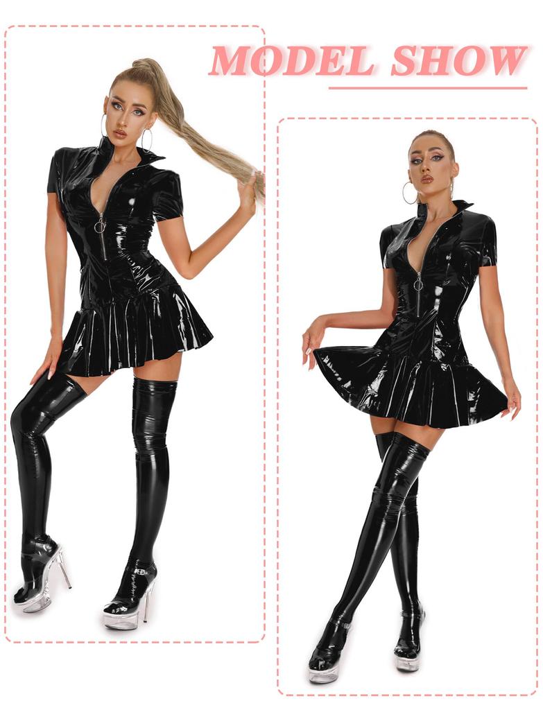 [Maeau] Glossy Sexy Bodysuit Dress Women's Leather Full Body Tights Skirt Catsuit Adult Costume Party Halloween Cosplay Leotard #Black B S