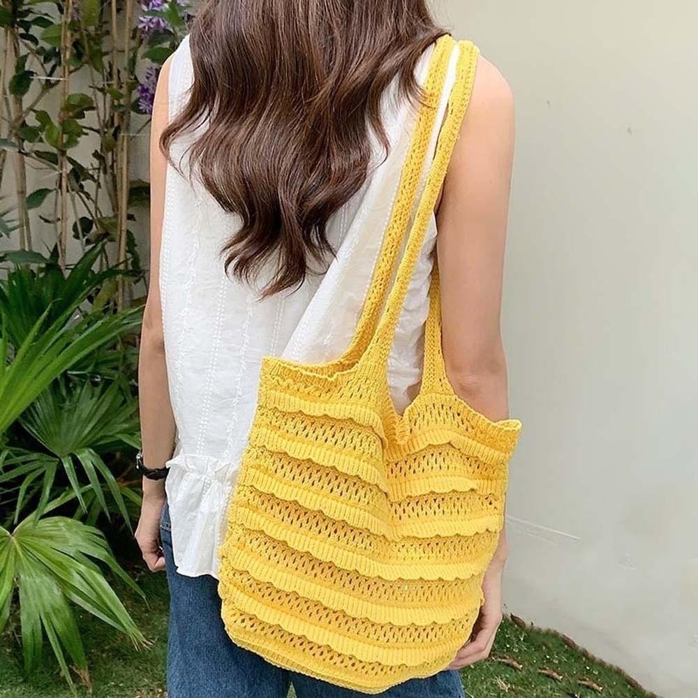 Trendy Sweet Knitted Tote Bag Breathable Lightweight Crochet Shoulder Bag Solid Color Polyester Seaside Vacation Handbag School