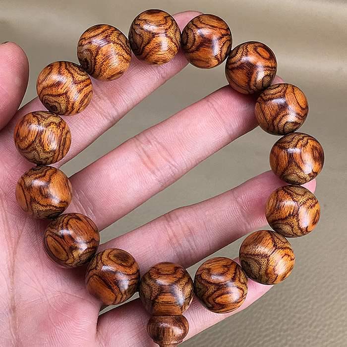Genuine Hainan Huanghuali 108-Bead Buddhist Bracelet with Wild Ghost Face Design for Men and Women. 15mm, 15 Beads