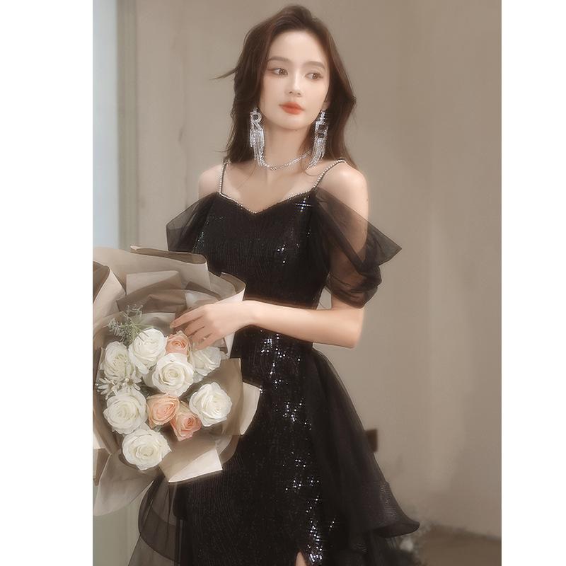Black evening dress women's 1011 new summer high-end light luxury birthday party host adult dress