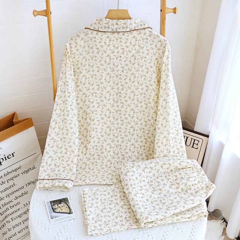 New women's crepe cotton double-layer cotton yarn spring floral lapel loungewear pajamas long sleeves trousers spring and autumn
